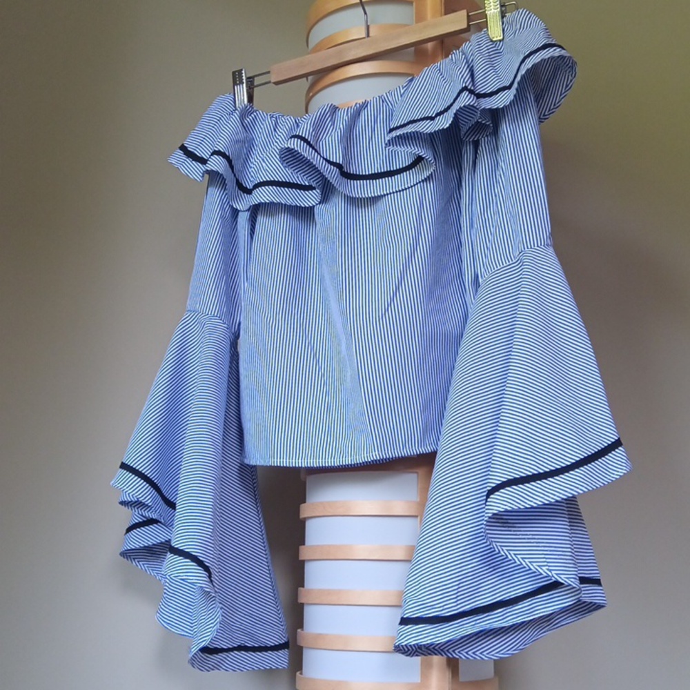 Ptp19" Striped Off-Shoulder Ruffled Blouse with Flared Sleeves